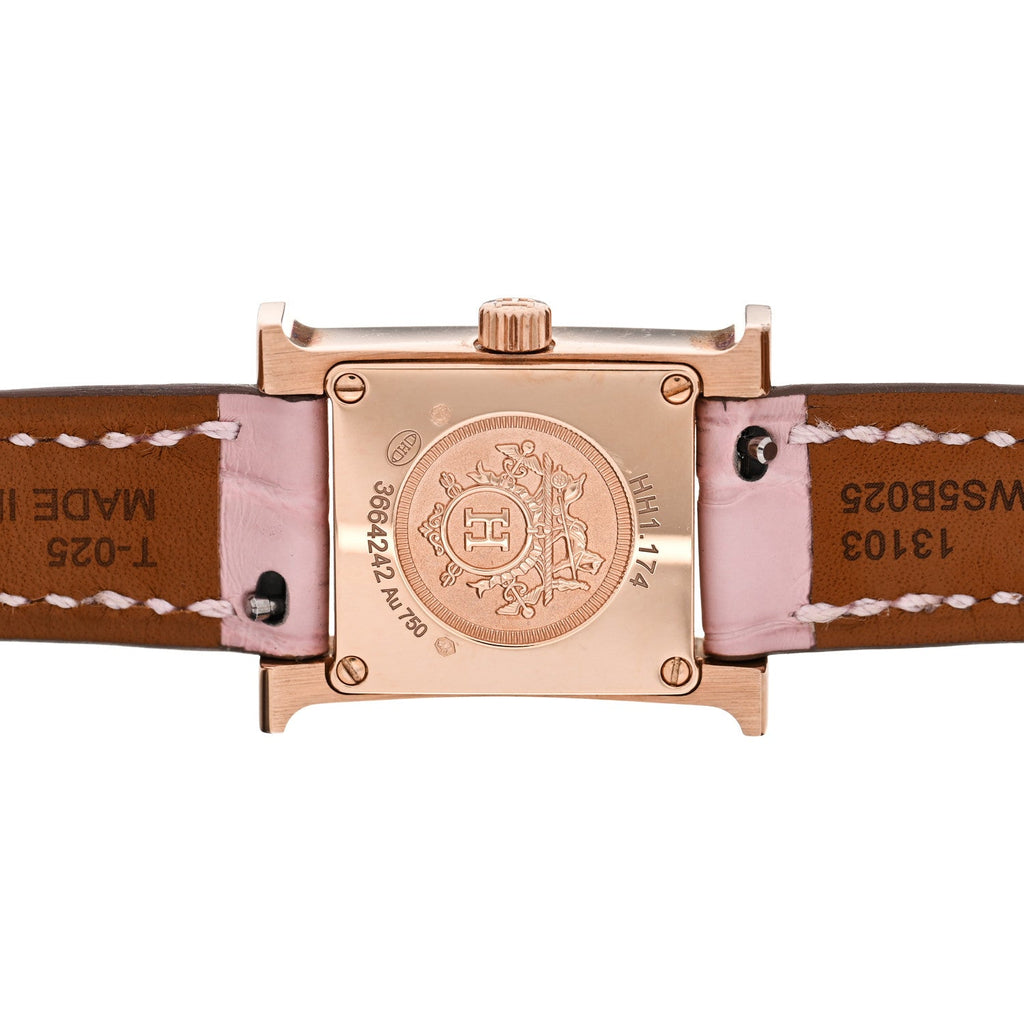 エルメス 18K ローズゴールド アリゲーター ダイヤモンドベゼル ローズオパール 17.2mm ユールH クォーツウォッチ ローズペール (代金引換)